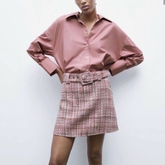 NWT Zara Tweed Belted Mini Skirt Pink Sz XS Office Siren Legally Blonde - Picture 1 of 8